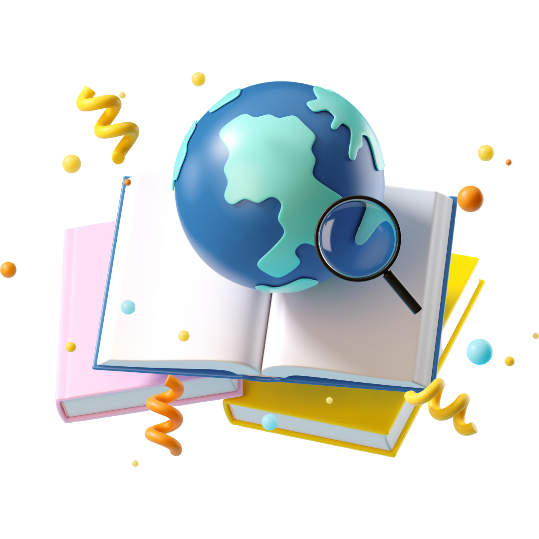 Grupa otvorenih knjiga raspoređenih oko globusa u sredini, simbolizujući znanje kao most između kultura i naroda sveta.